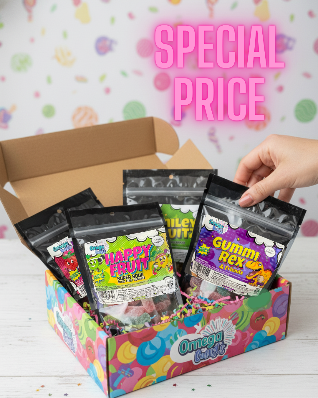 Box of gummy candy with colorful packaging and a hand holding a package, against a pastel background with 'Special Price' text.
