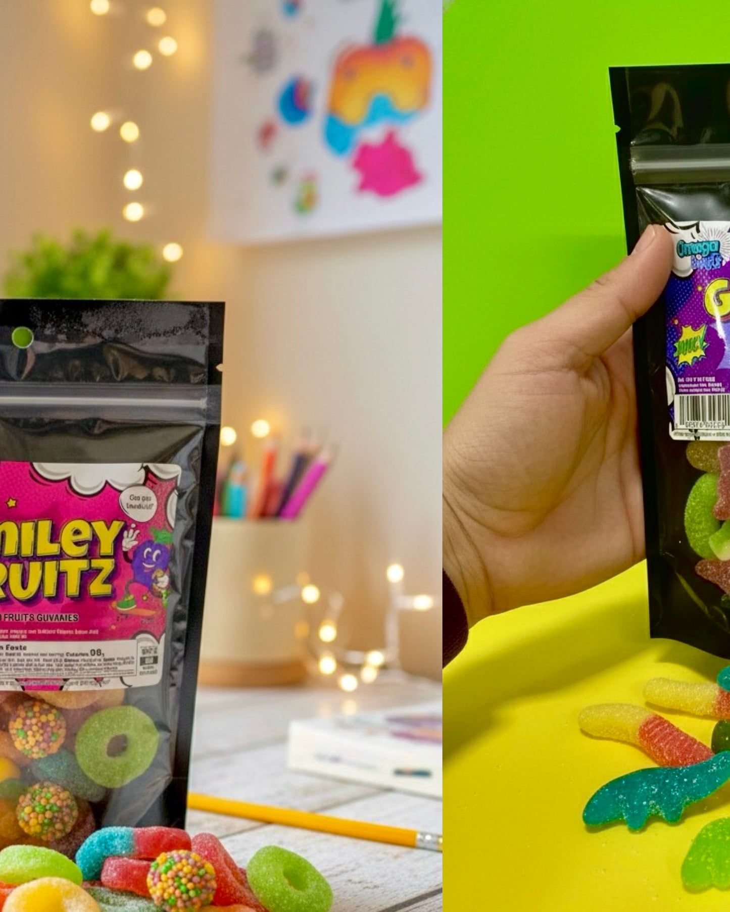 Gummy candy package with colorful candies and a hand holding a package against a green background.