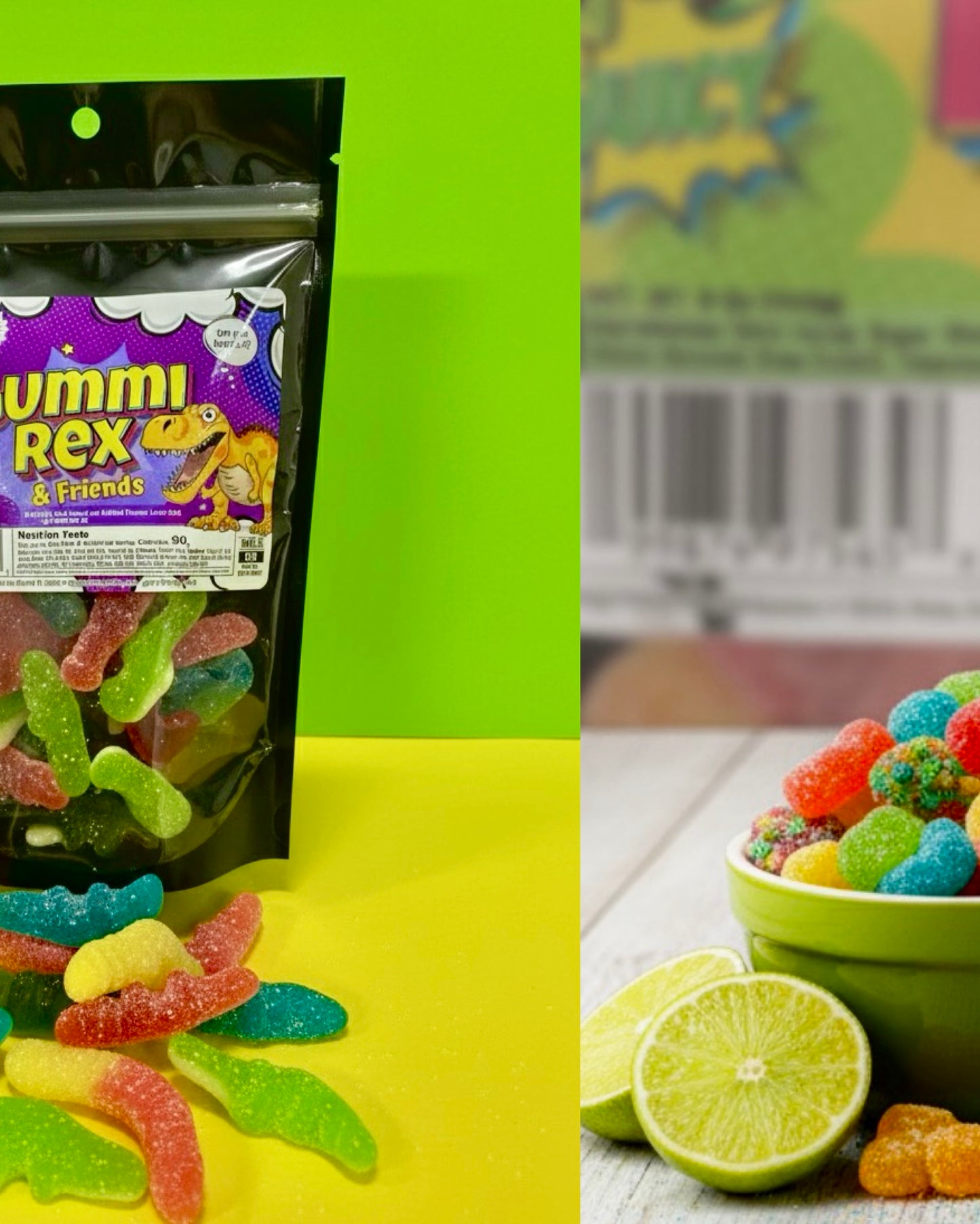 Gummy worms with a 'Yummi Rex & Friends' package on a green background
