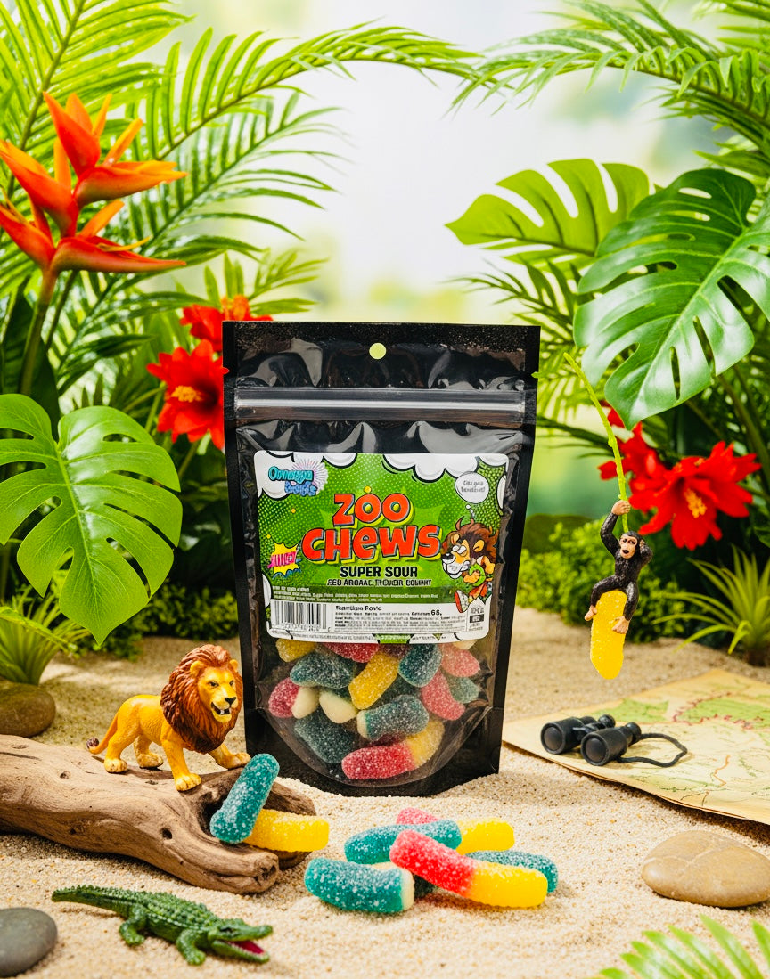 Zoo Chews gummy candy package with colorful gummies on a natural background