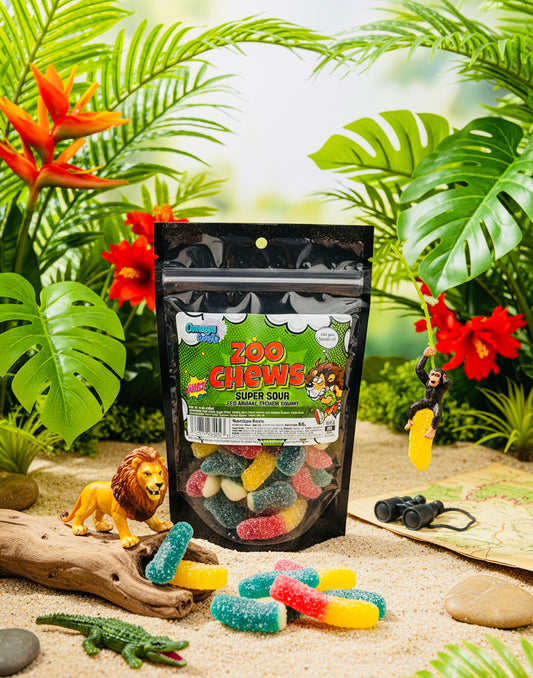 Zoo Chews gummy candy package with colorful gummies on a natural background