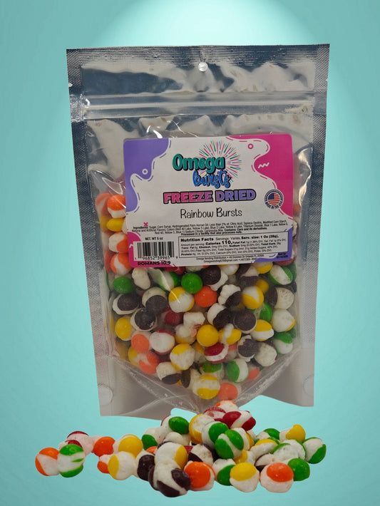 Bursting with fruity flavor and vibrant colors! Rainbow Bursts deliver a fun, crunchy treat in every bite. Freeze-dried and irresistible.