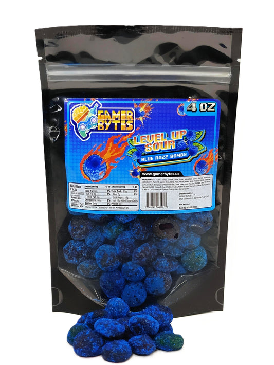 Gamer Bytes Blue Razz Bombs Level Up Sour candies - packaging
showcasing vibrant blue raspberry flavor and retro gaming theme.
