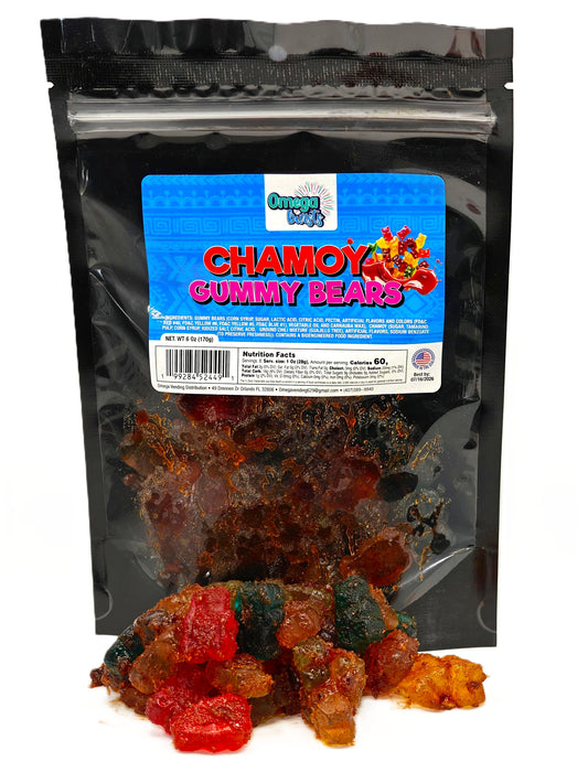 Omega Bursts Chamoy Gummy Bears - vibrant packaging showcasing
the delicious fusion of chamoy and gummy bears.