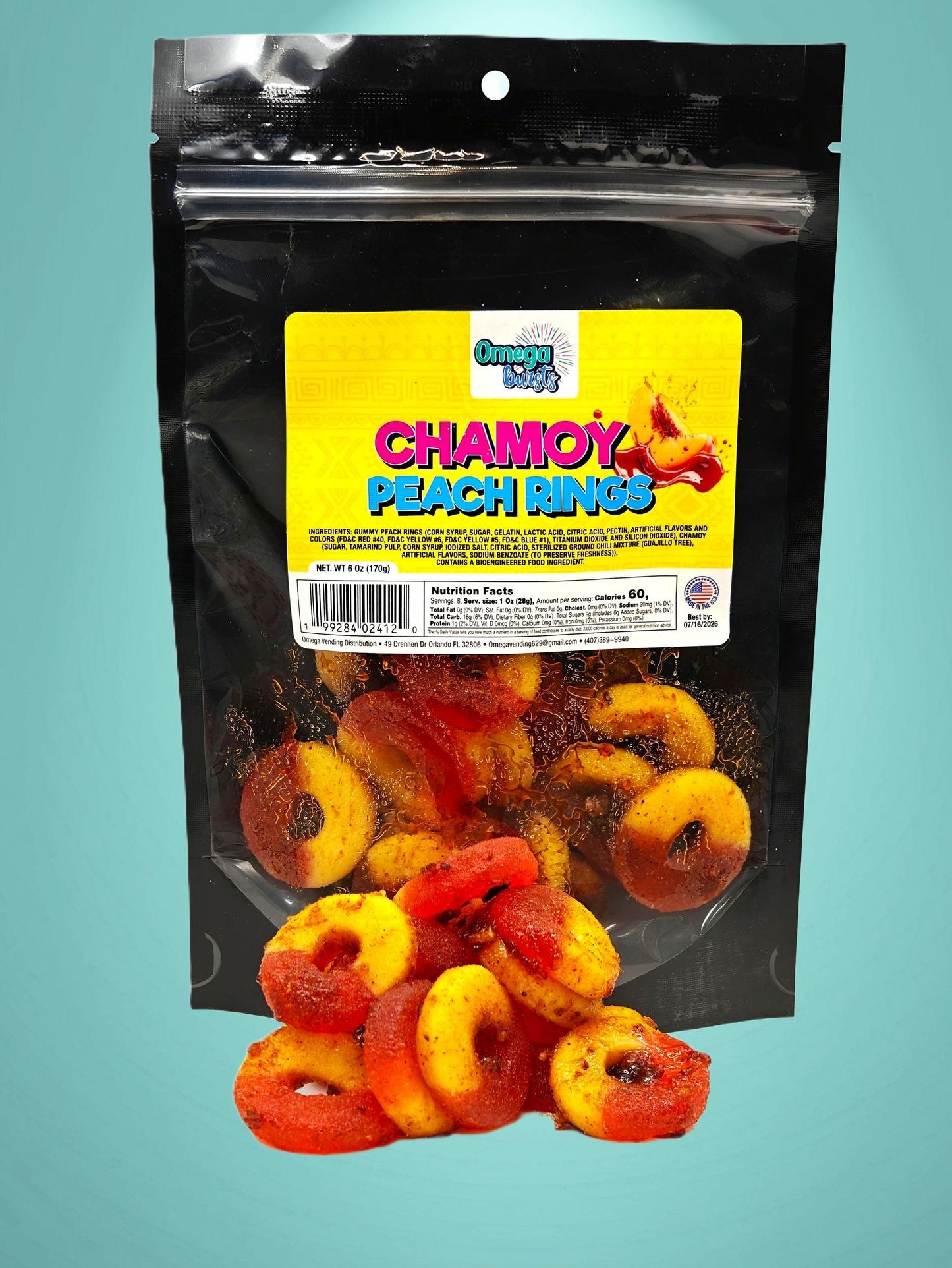 Omega Bursts Chamoy Peach Rings - vibrant packaging showcasing
the delicious combination of peach rings and chamoy flavo