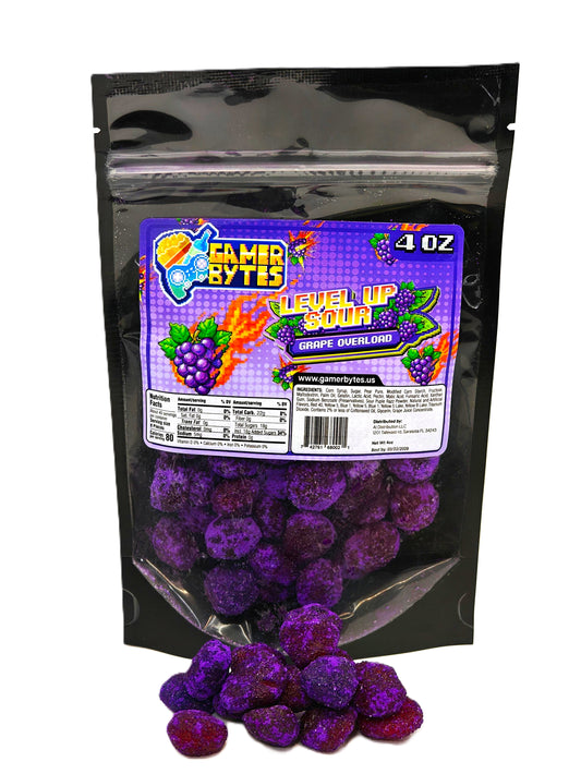 Gamer Bytes Grape Overload Level Up Sour candies - close-up of the
packaging showcasing the grape flavor and retro gaming theme