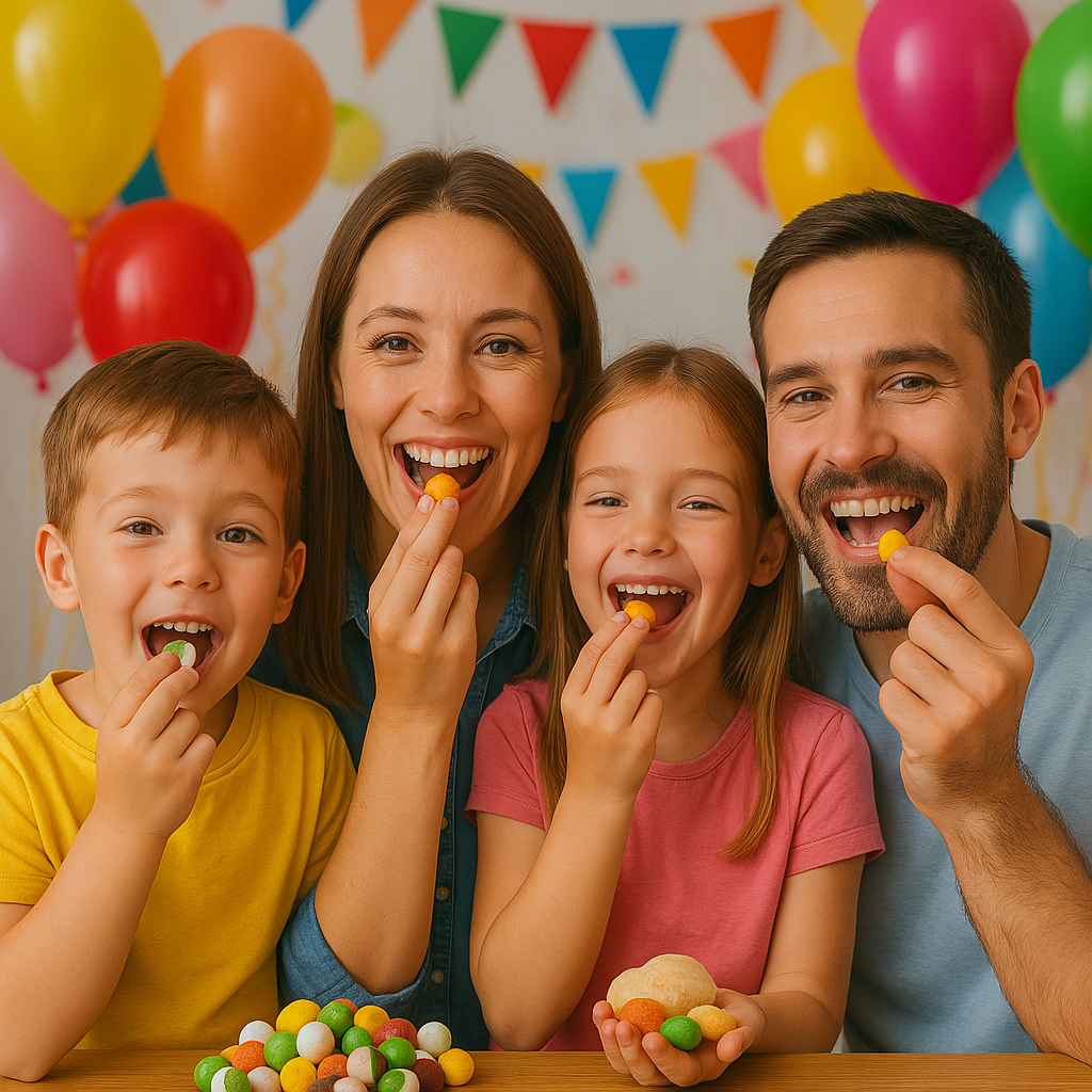 Happy family enjoying colorful freeze-dried candy together at a birthday party with balloons and decorations in the background