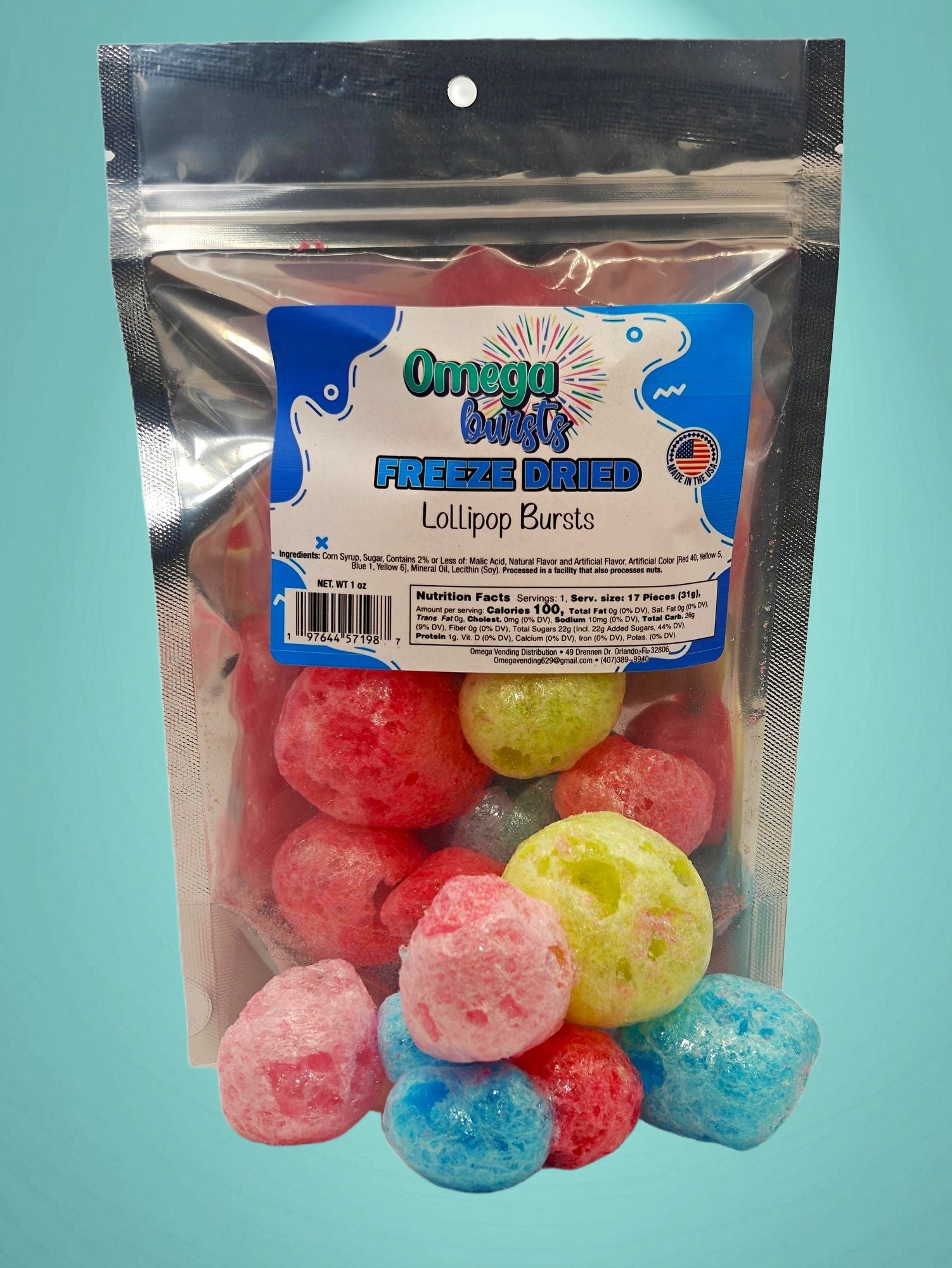 Omega Bursts Lollipop Bursts Freeze Dried candies - vibrant packaging
showcasing a variety of colorful lollipop-inspired treats