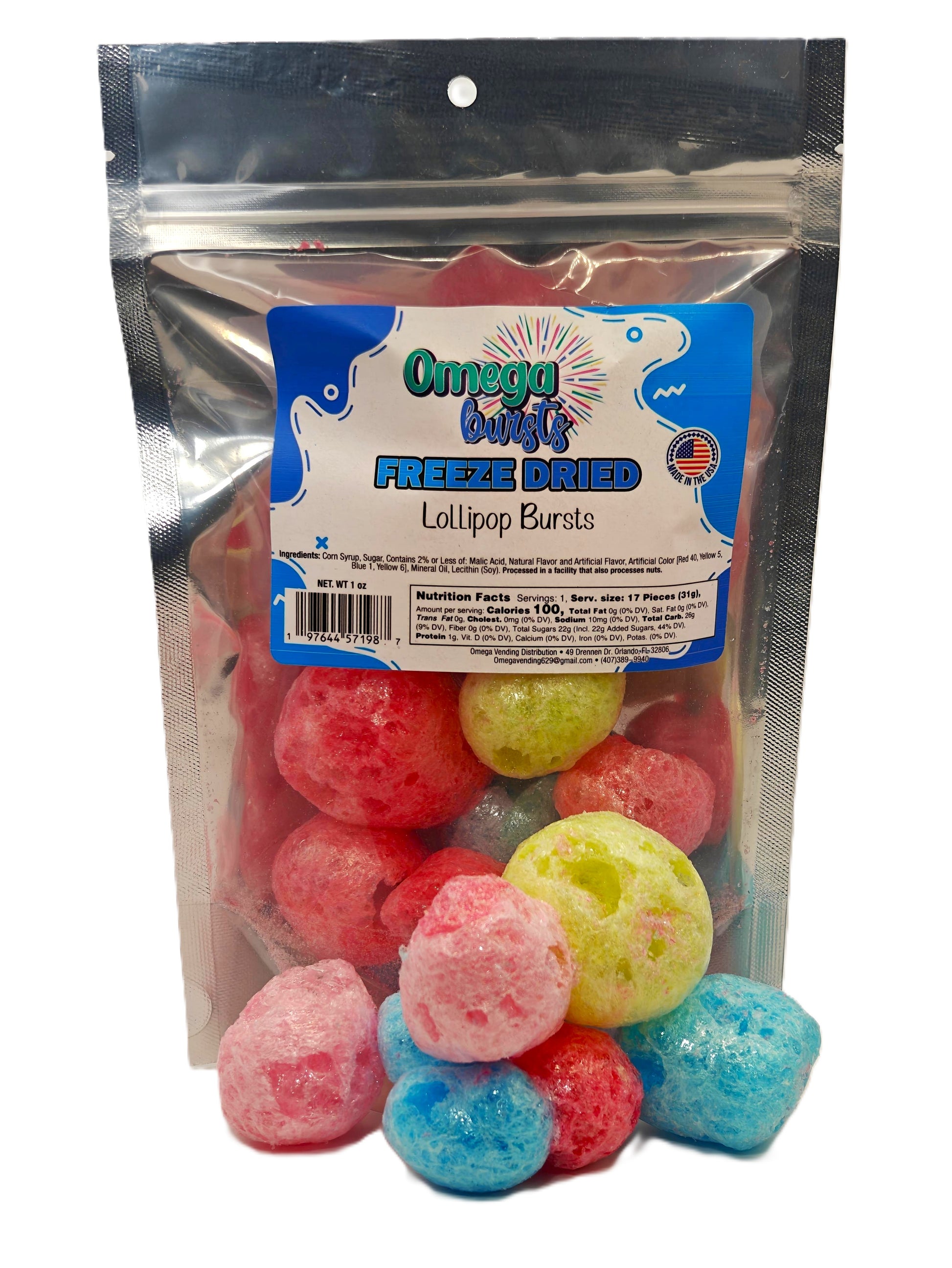 Omega Bursts Lollipop Bursts Freeze Dried candies - vibrant packaging
showcasing a variety of colorful lollipop-inspired treats