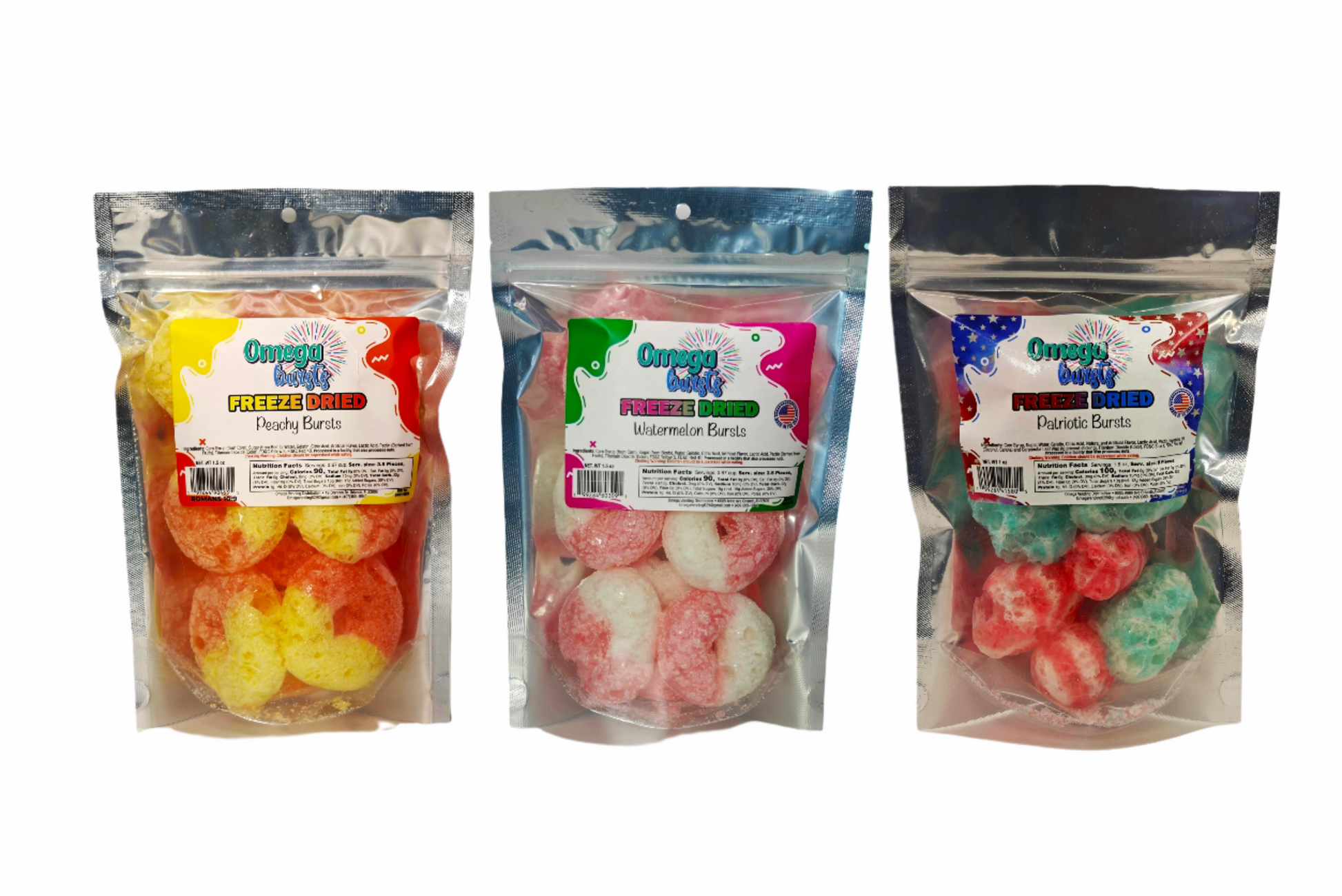 Omega Bursts Freeze Dried Candy 3-Pack including Peachy Bursts, Watermelon Bursts, and Patriotic Bursts in resealable clear pouches