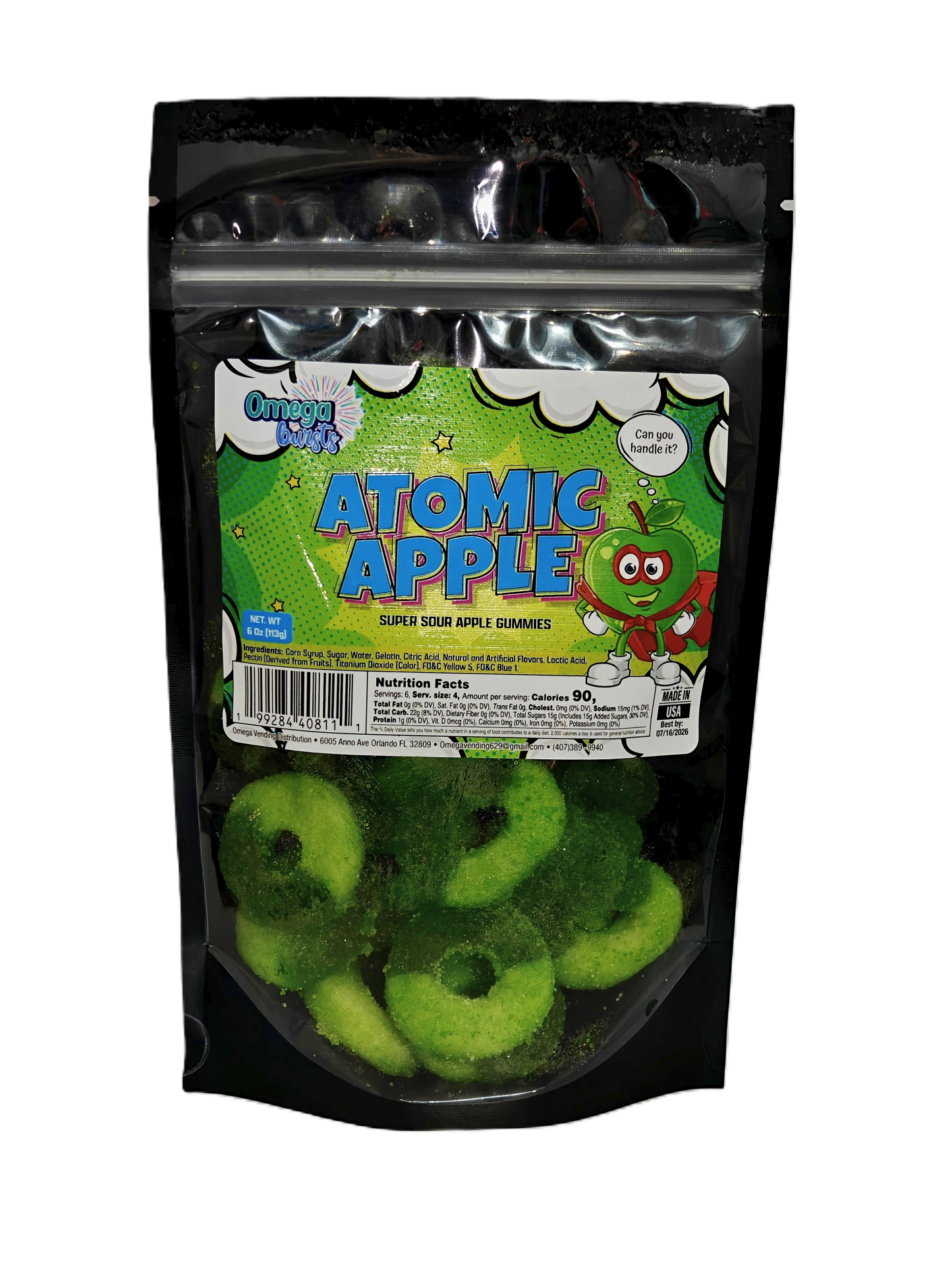 Bag of Atomic Apple gummy candies with a green label on a white background