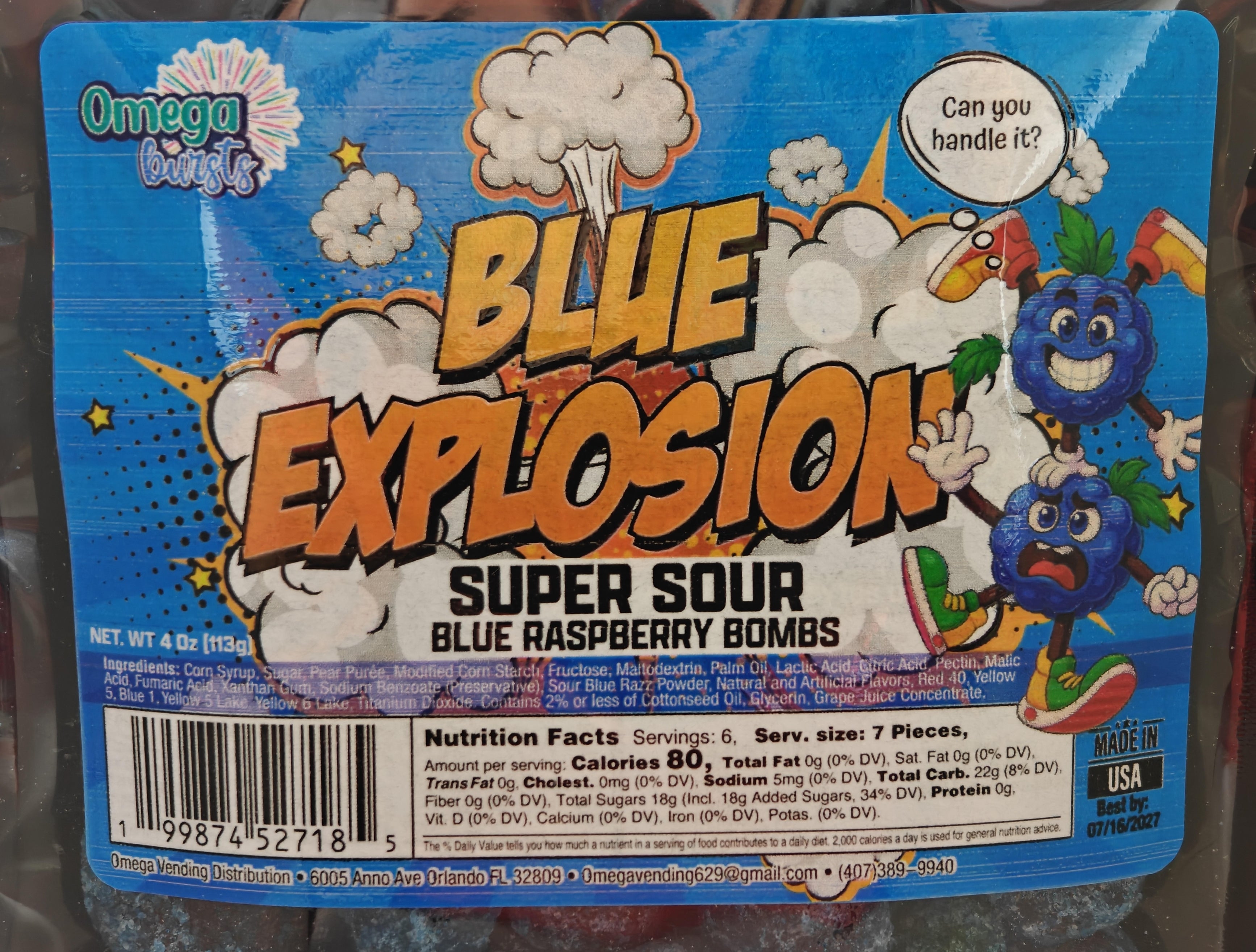 Blue Explosion- super sour- blue Rasperry bombs, 4 oz Bag – Omega