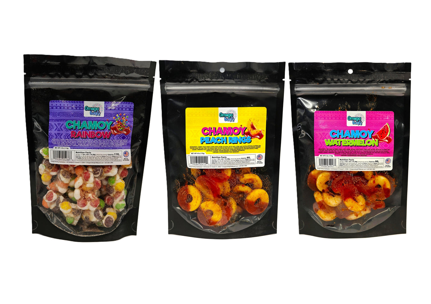 Omega Bursts Chamoy 3-Pack with Rainbow mix, Peach Rings, and Watermelon gummy candies in resealable black pouches