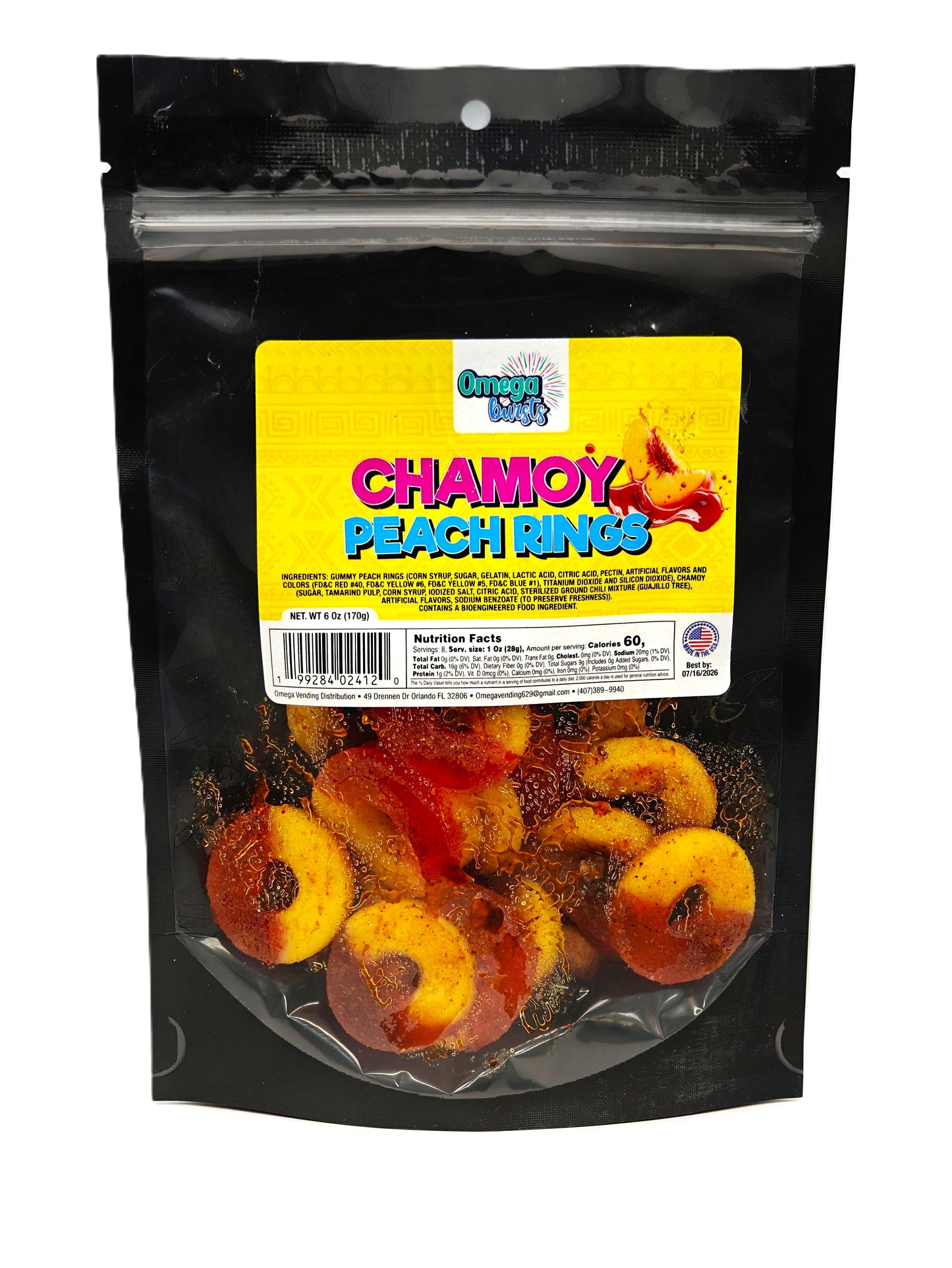 Omega Bursts Chamoy Peach Rings - sweet and tangy peach-flavored
gummy rings coated in chamoy, packed in a resealable black pouch
