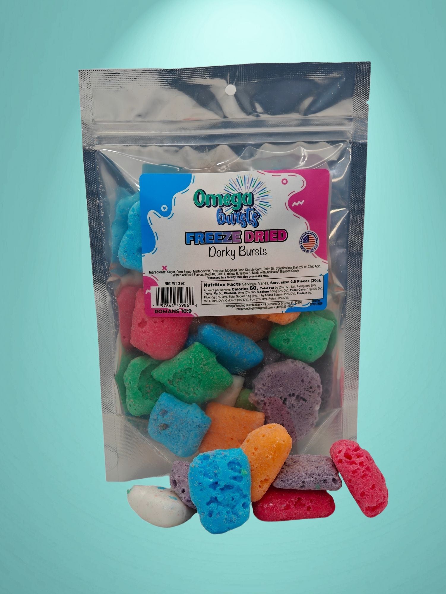 Omega Bursts Dorky Bursts freeze-dried colorful candy in resealable bag with vibrant pieces displayed

