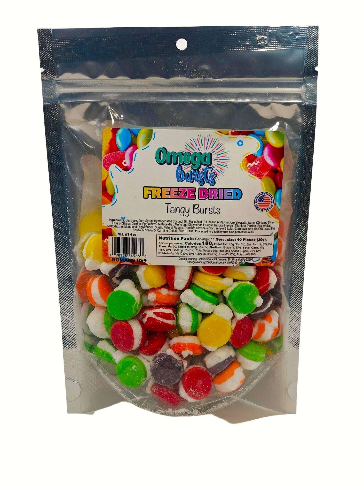 Omega Bursts Freeze Dried Candies - Tangy Bursts in a resealable
pouch, a colorful assortment of sweet and tangy candies