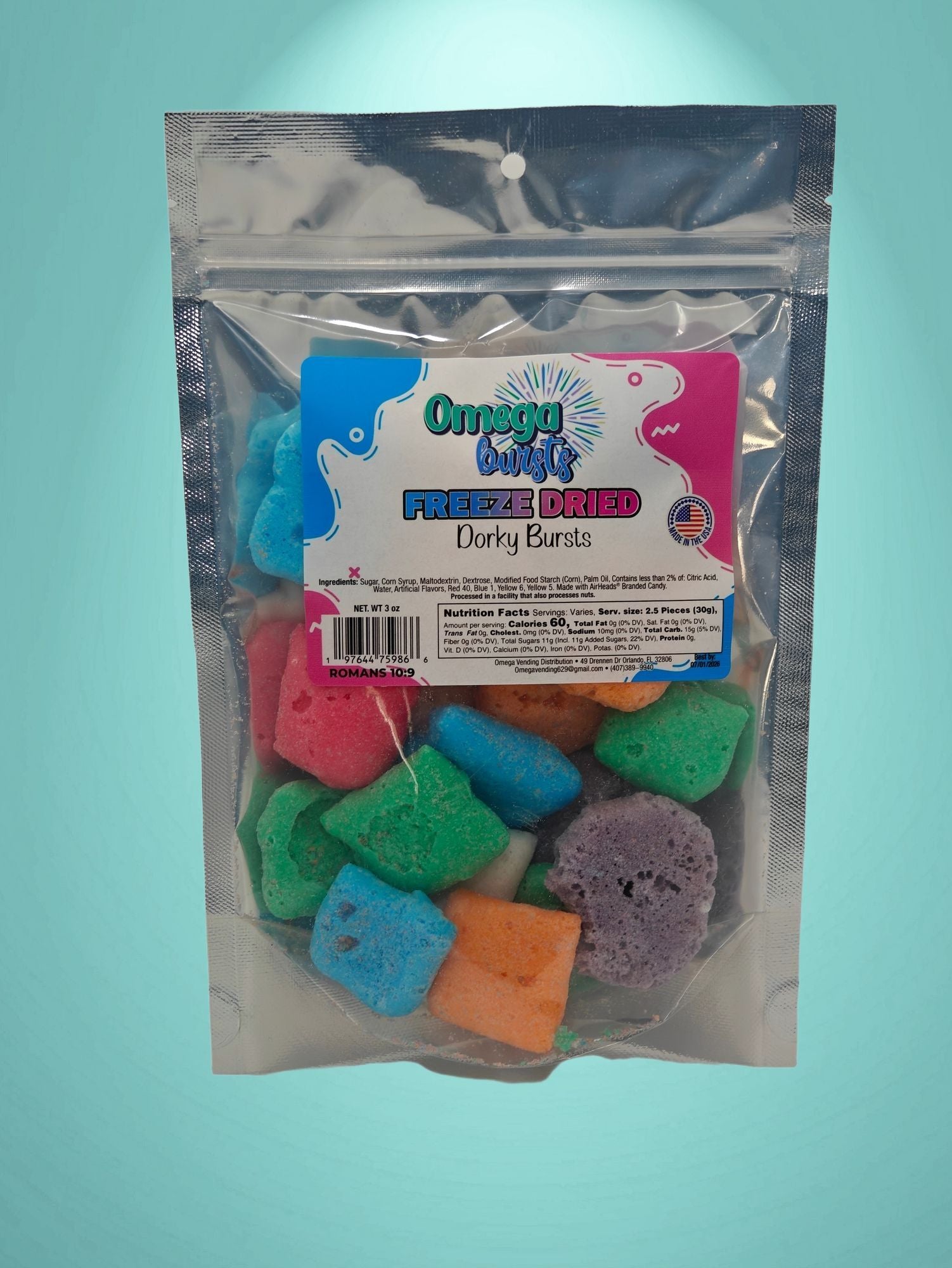 Front view of Omega Bursts Freeze-Dried Dorky Bursts candy in a resealable pouch with colorful square candies in blue, green, purple, red, and orange.