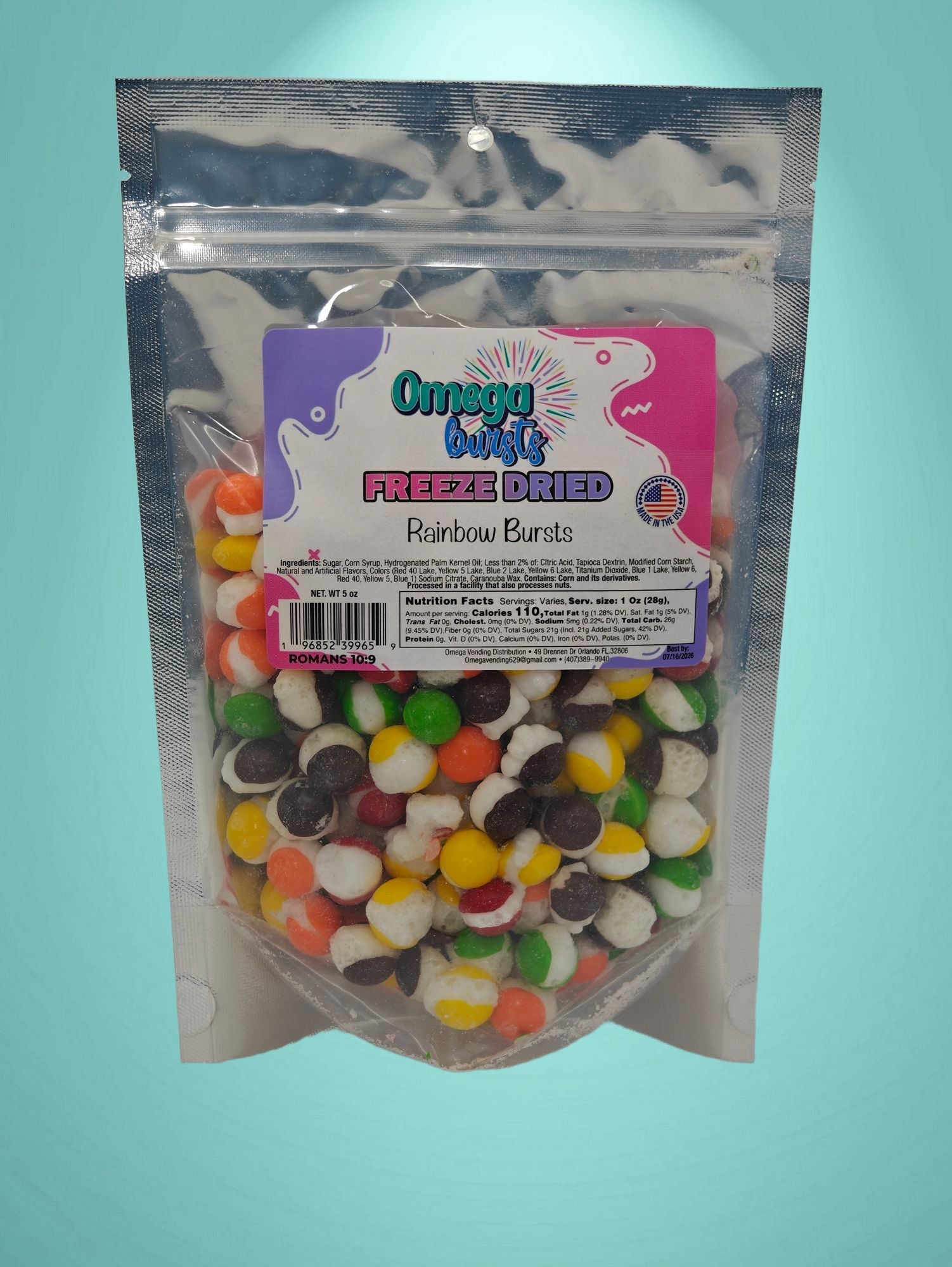 Front view of Omega Bursts Freeze-Dried Rainbow Bursts candy in a resealable pouch with colorful label and visible candy pieces.