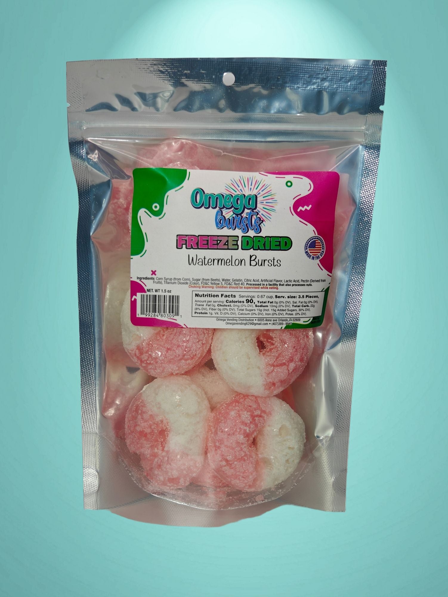 Front of Omega Bursts Freeze-Dried Watermelon Bursts (1.5 oz) in resealable pouch with colorful branding label.
