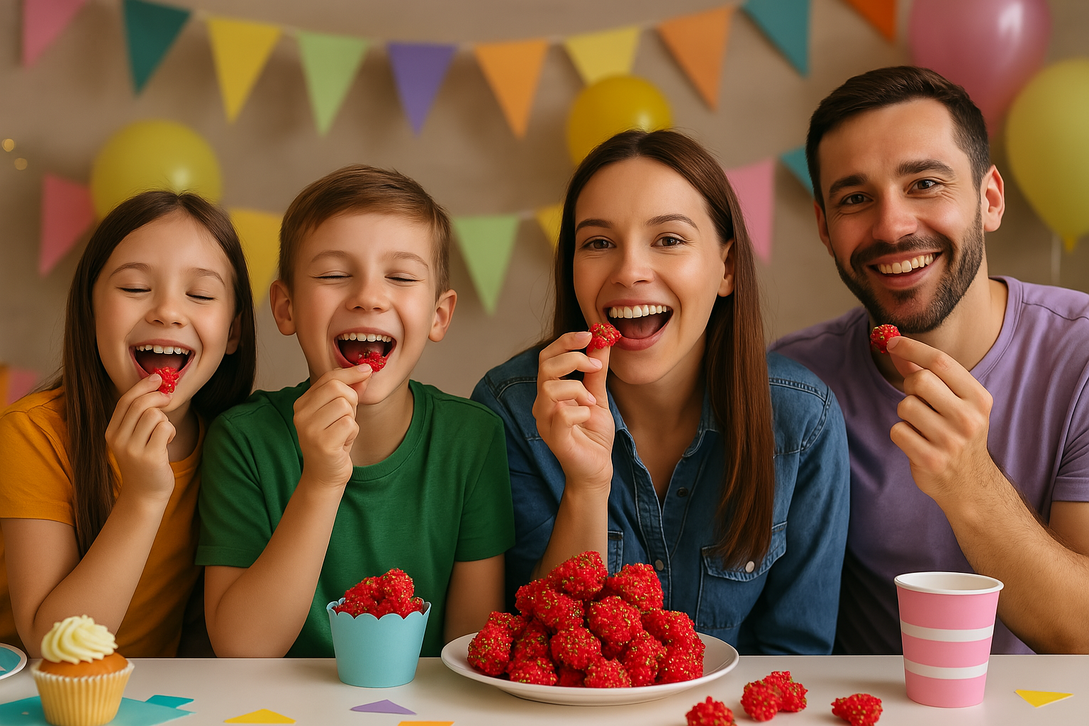 Family enjoying Omega Bursts Geeky Bursts colorful freeze-dried candy at a party with balloons and decorations"

