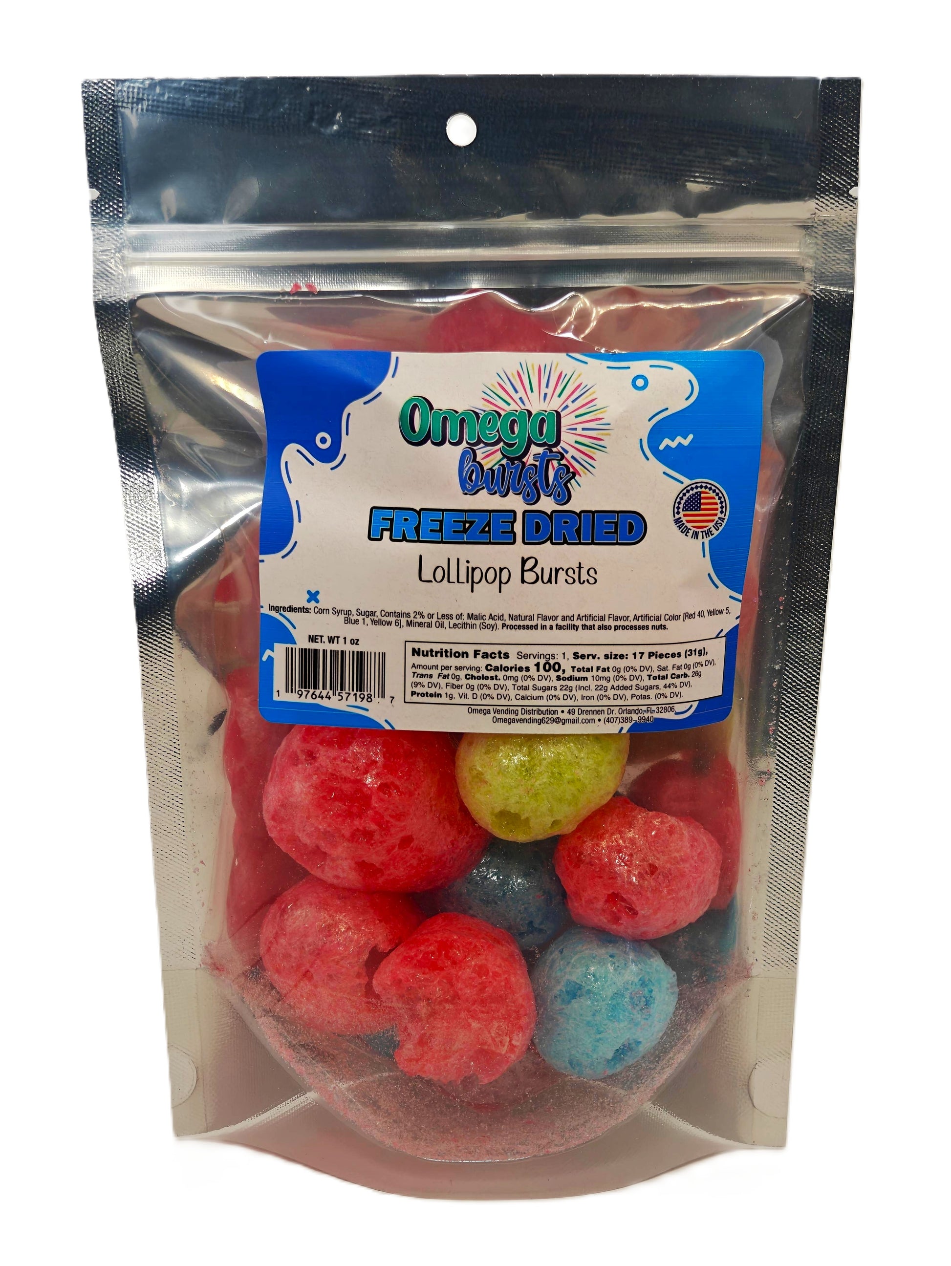 Omega Bursts Freeze Dried Lollipop Bursts - colorful and fun candy in
a resealable pouch, perfect for sweet cravings