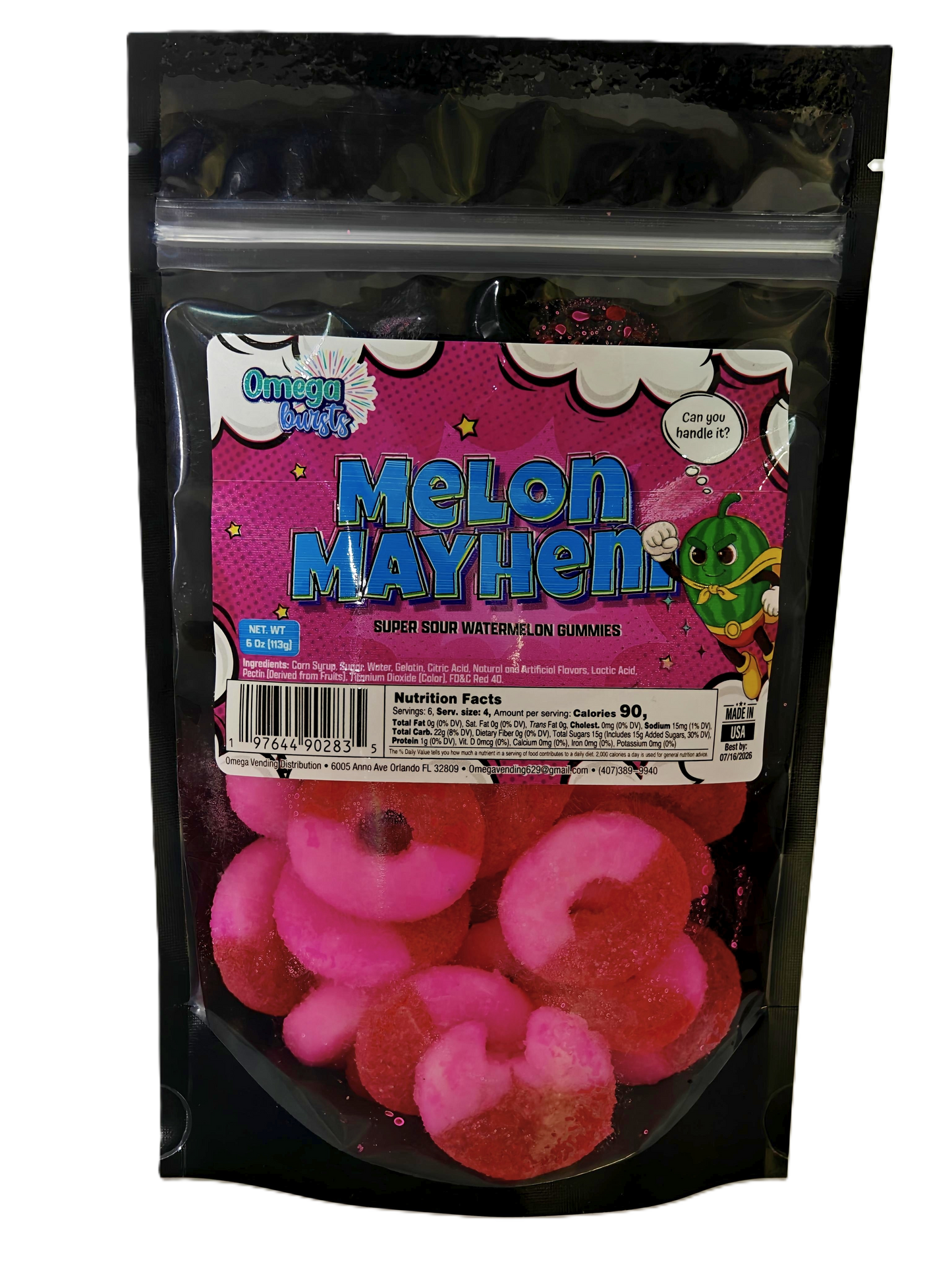 Bag of 'Melon Mayhem' gummy candies with pink and red colors.