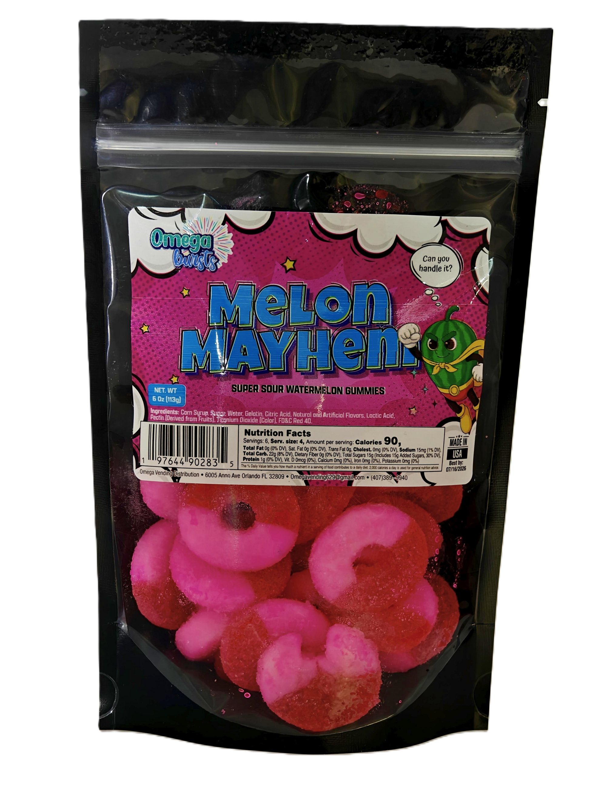 Bag of 'Melon Mayhem' gummy candies with pink and red colors.