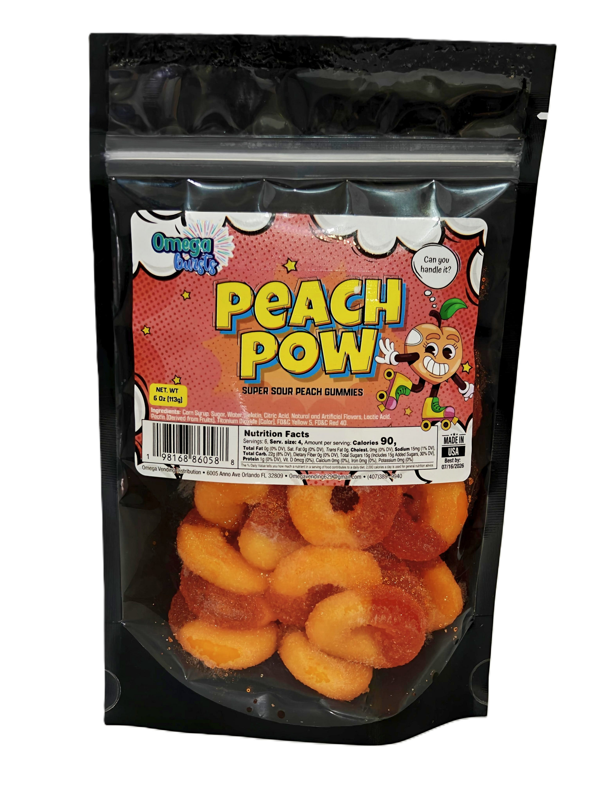 Pouch of Peach Pow gummy candies with a visible brand label.