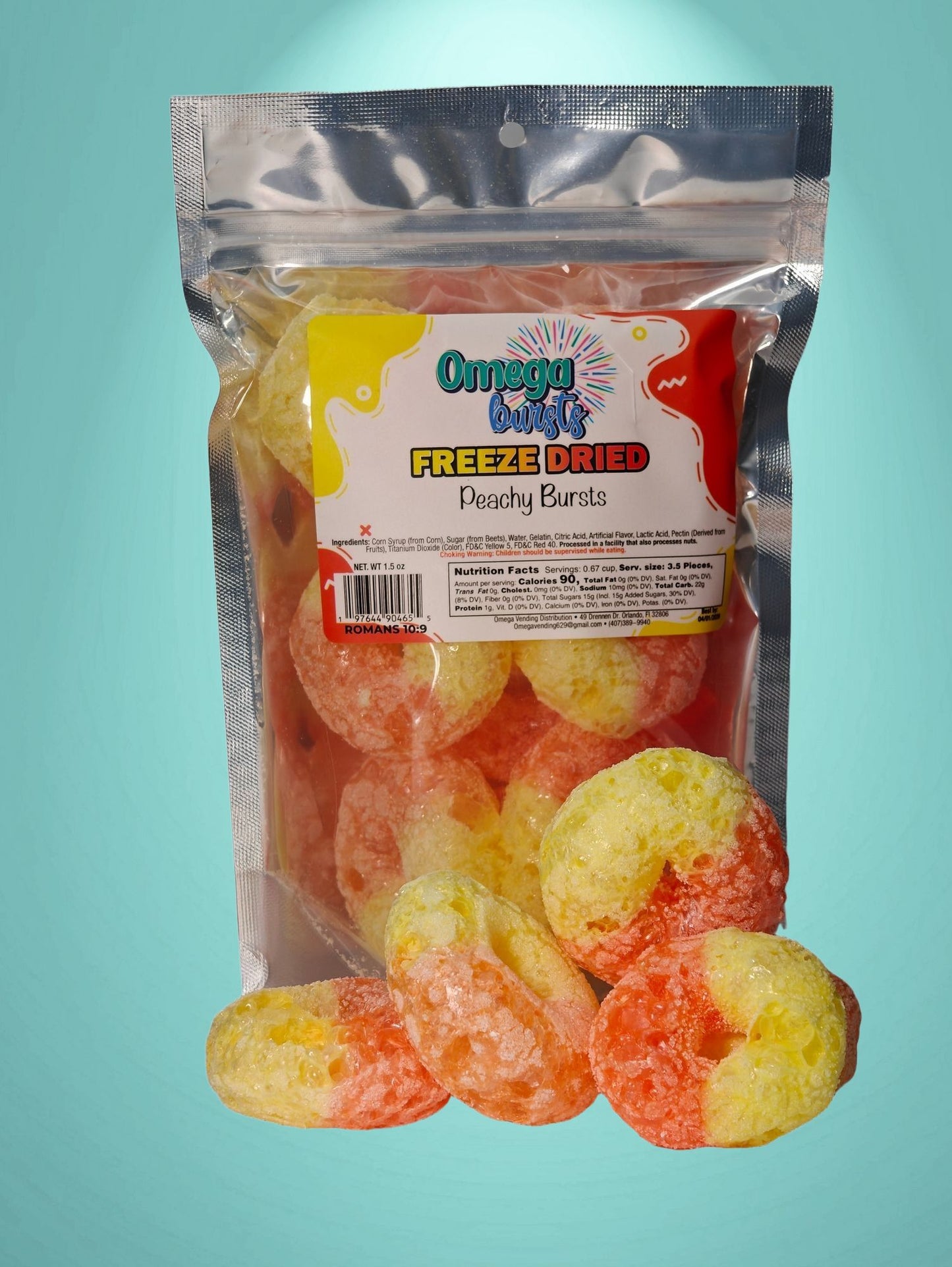 Omega Bursts Peachy Bursts freeze-dried candy rings displayed in front of resealable bag on teal background