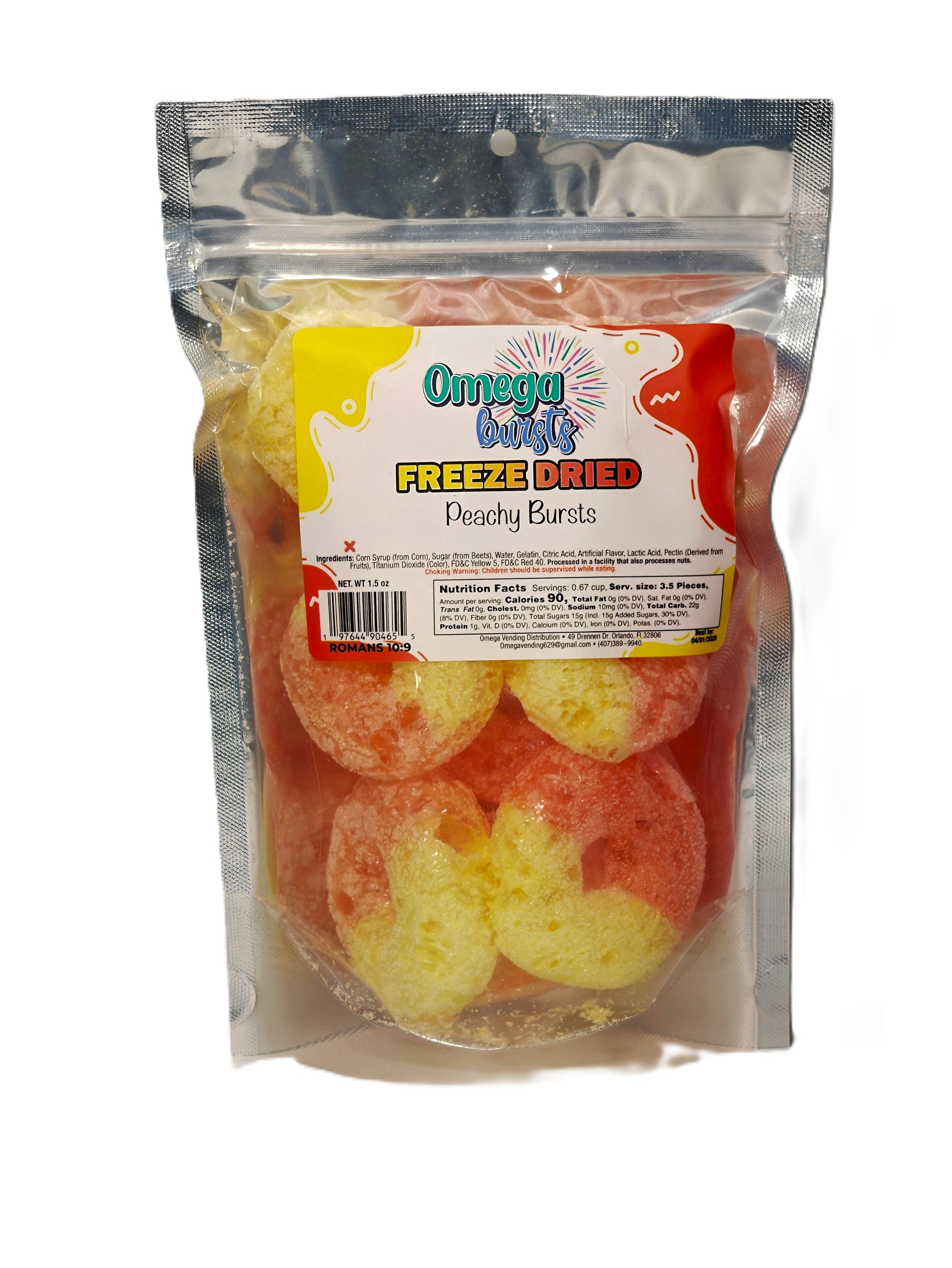 Omega Bursts Peachy Bursts freeze dried candy in a clear resealable pouch with red and yellow label