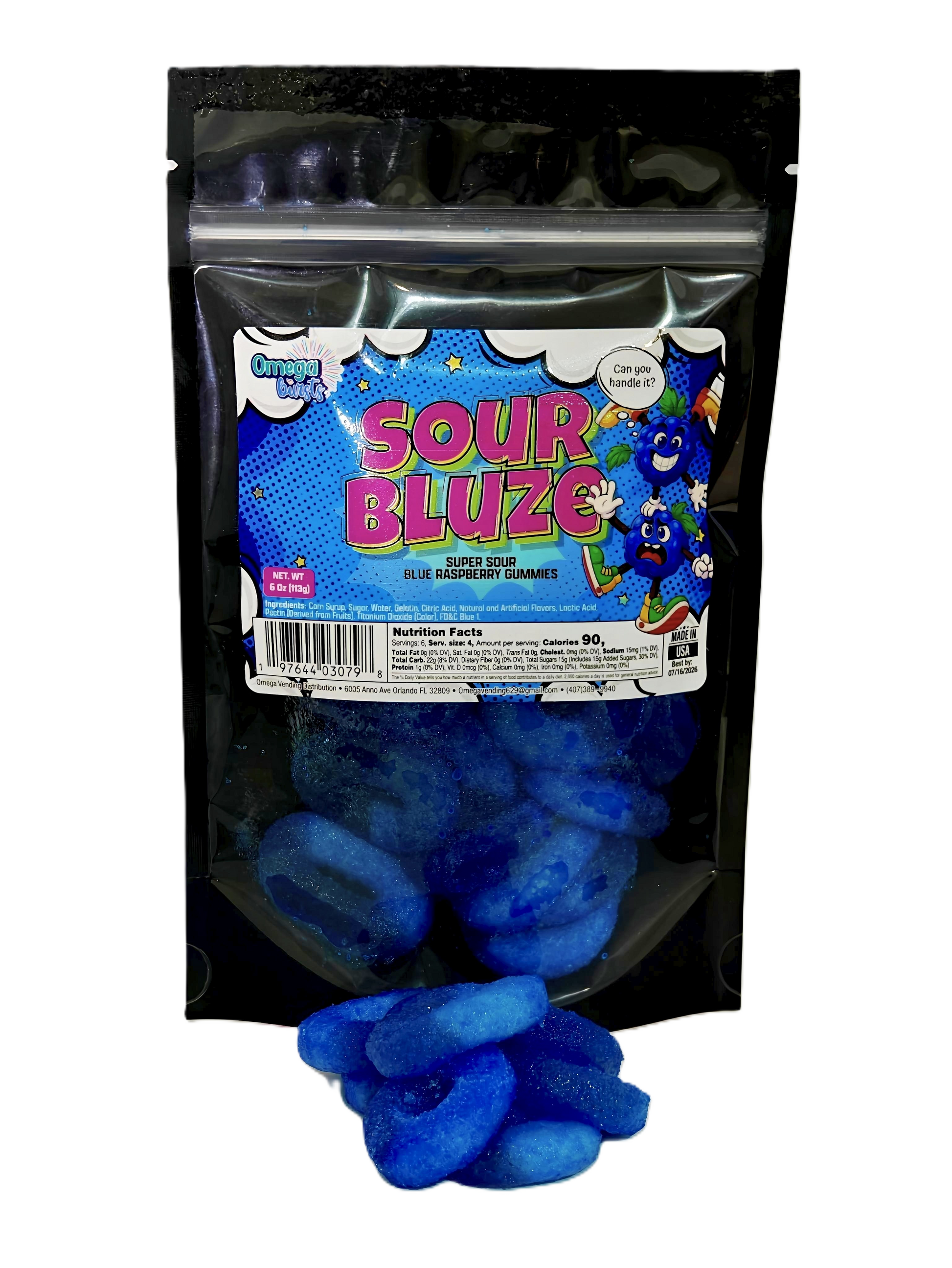 Packaged blue gummy bears with 'Sour Bluze' label on a white background