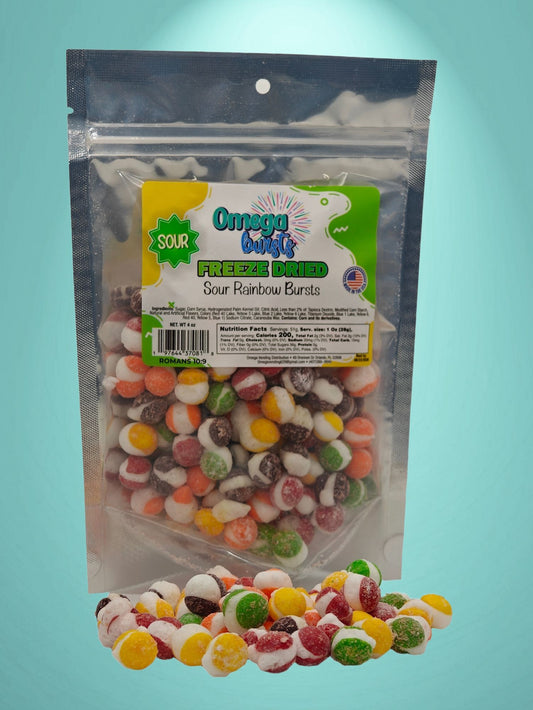 Omega Bursts Sour Rainbow Bursts freeze-dried sour candy bag with colorful candies on teal background