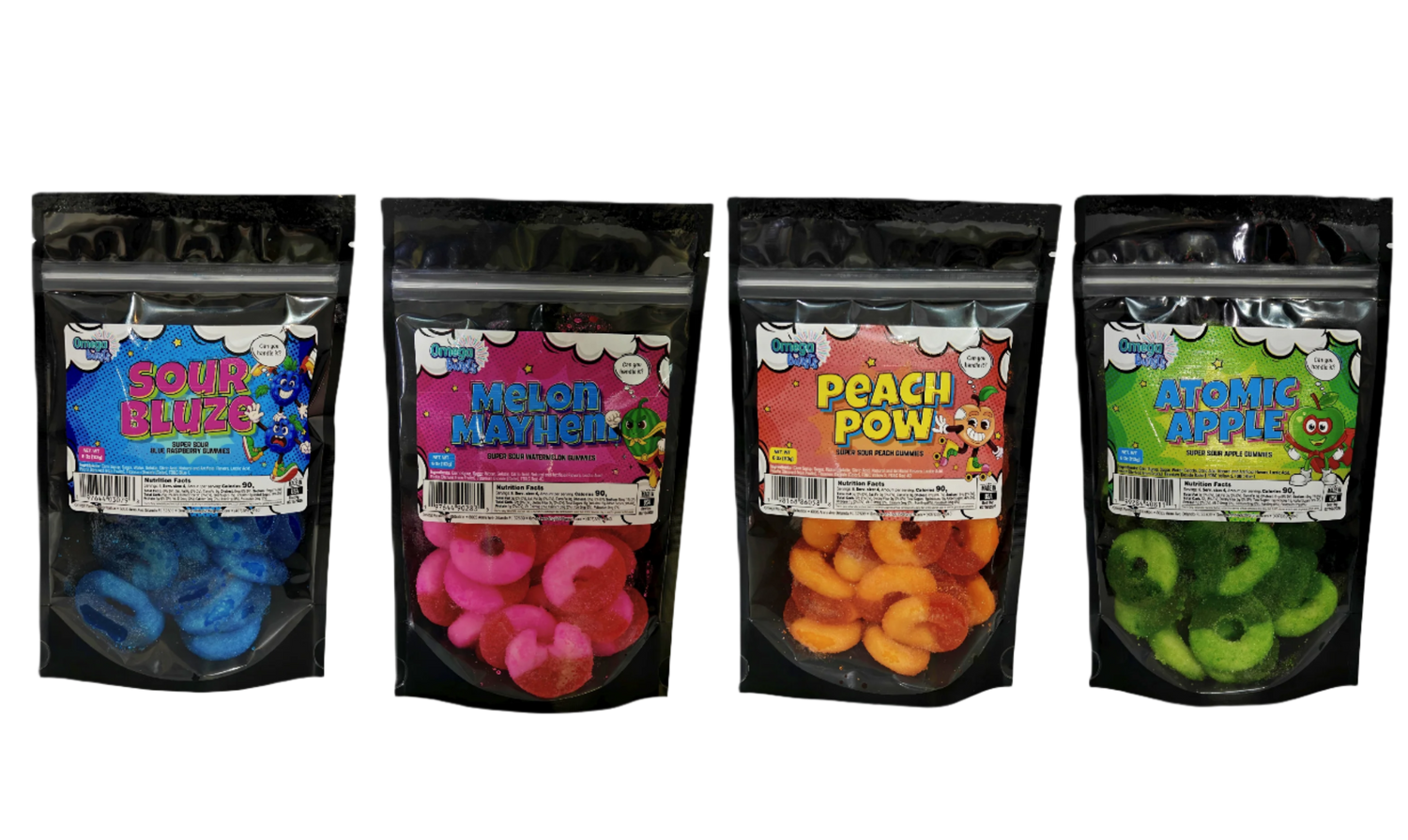 Four packages of gummy candies with colorful labels on a white background