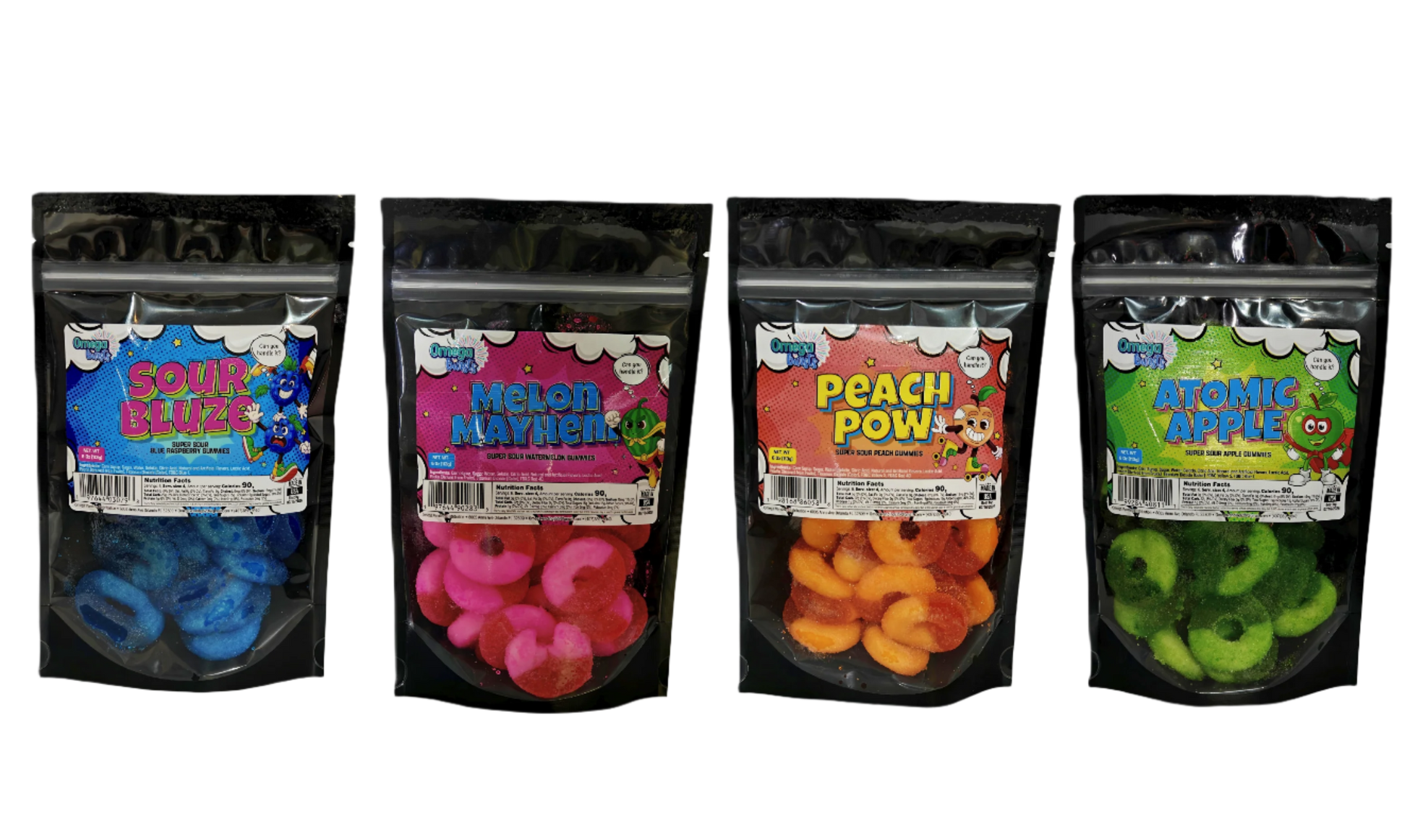 Four packages of gummy candies with colorful labels on a white background