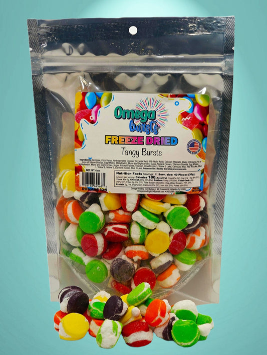 Omega Bursts Tangy Bursts Freeze Dried Candies - vibrant packaging
showcasing colorful candies in a resealable bag