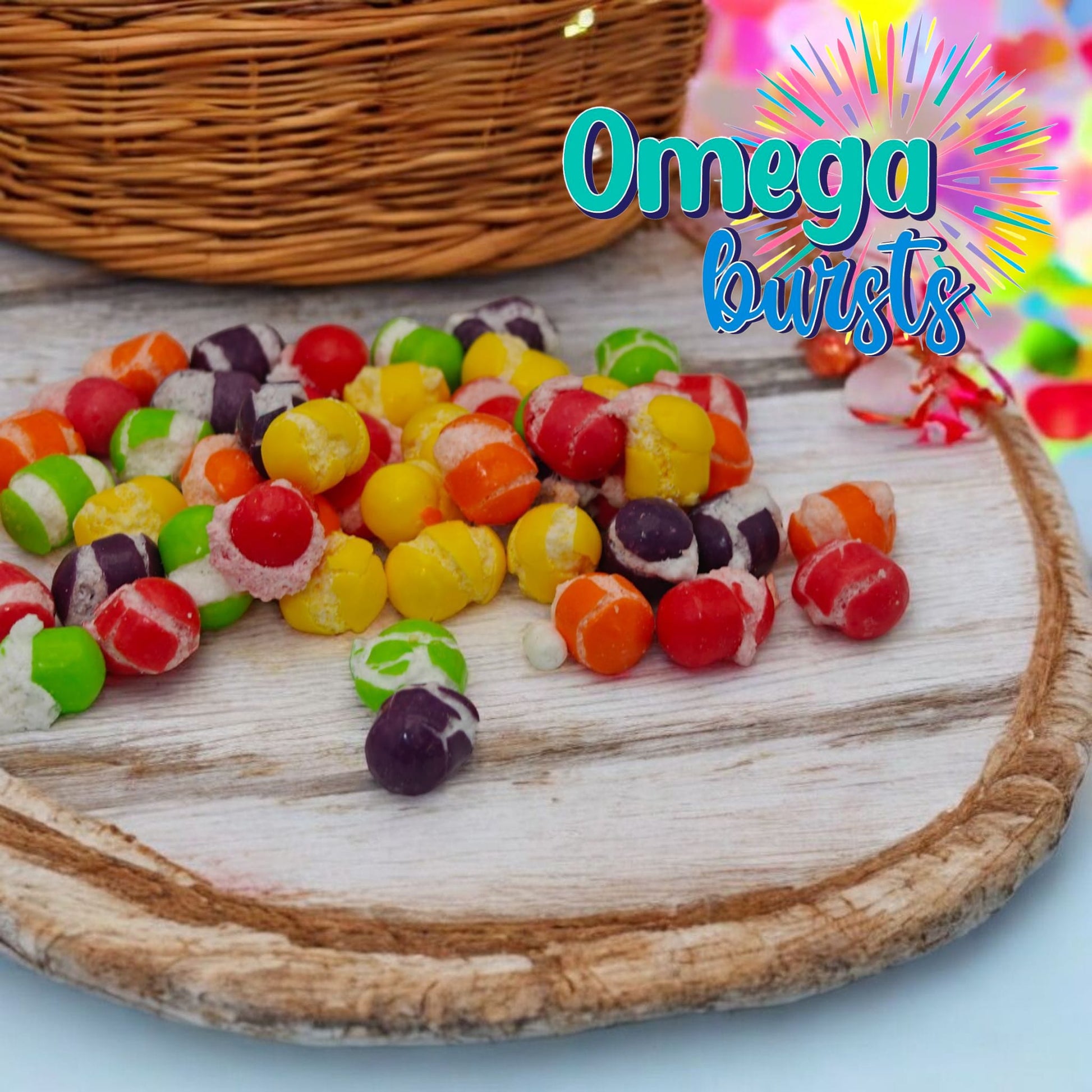 Colorful Omega Bursts Tarty Bursts freeze-dried candies on wooden tray with basket background and brand logo