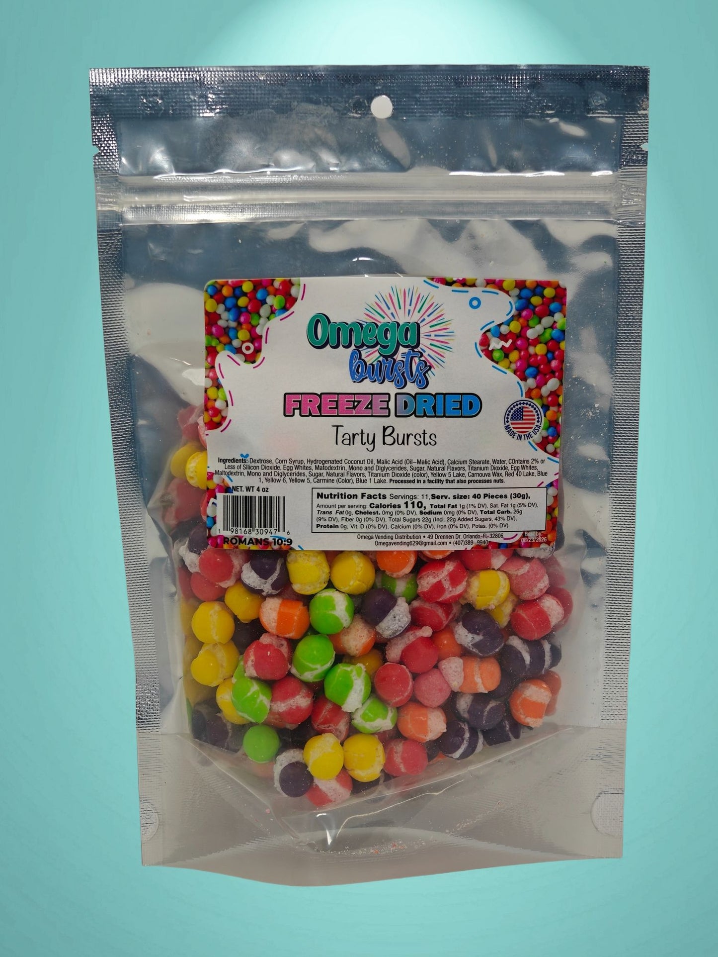 Omega Bursts Tarty Bursts freeze-dried colorful tart candy in resealable silver bag