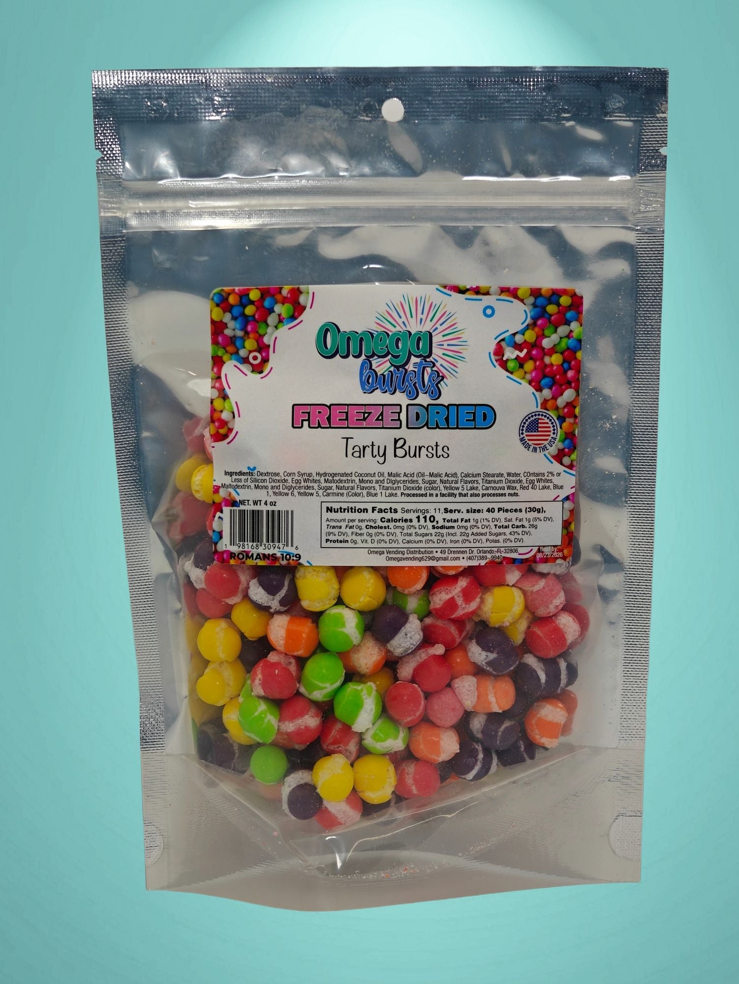 Omega Bursts Tarty Bursts freeze-dried colorful tart candy in resealable silver bag
