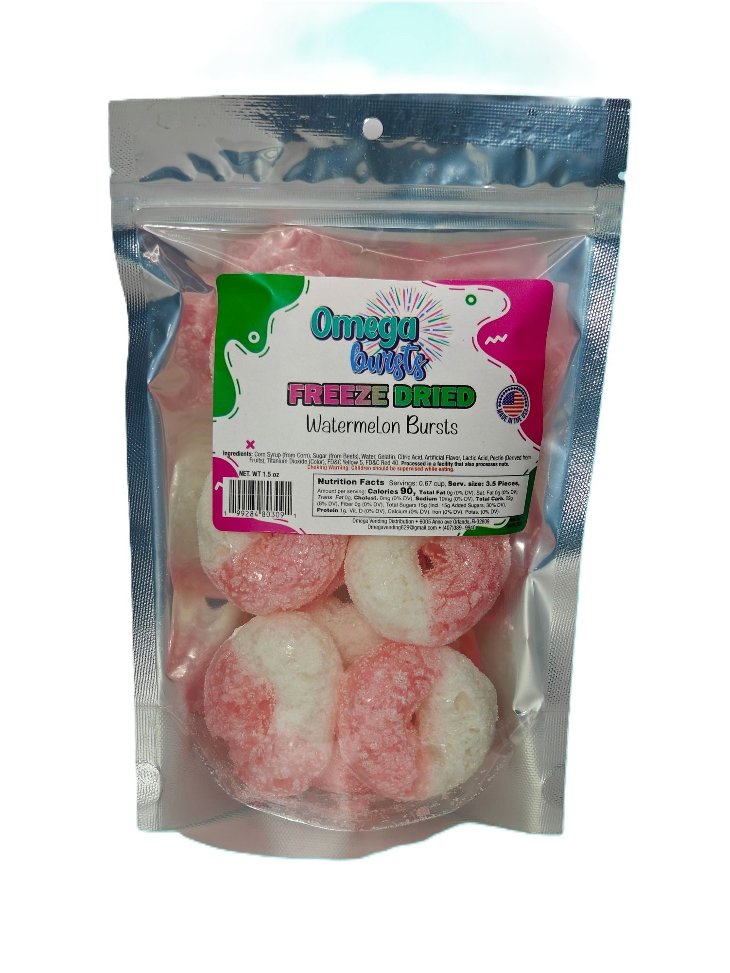 Omega Bursts Watermelon Bursts freeze dried candy in a clear resealable pouch with pink and green label