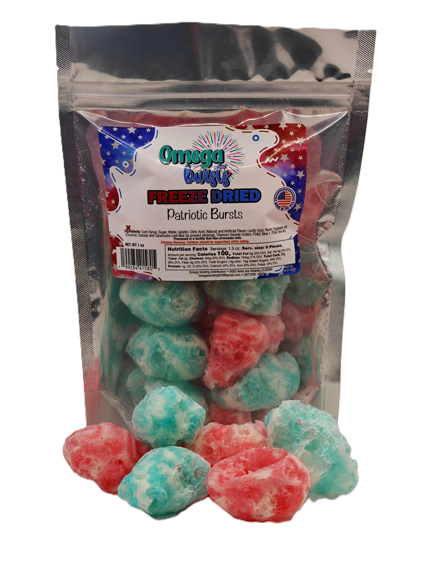 Packaged candy with Omega Candy's label on a white background