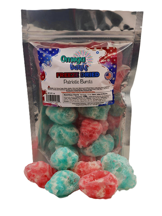 Packaged candy with Omega Candy's label on a white background