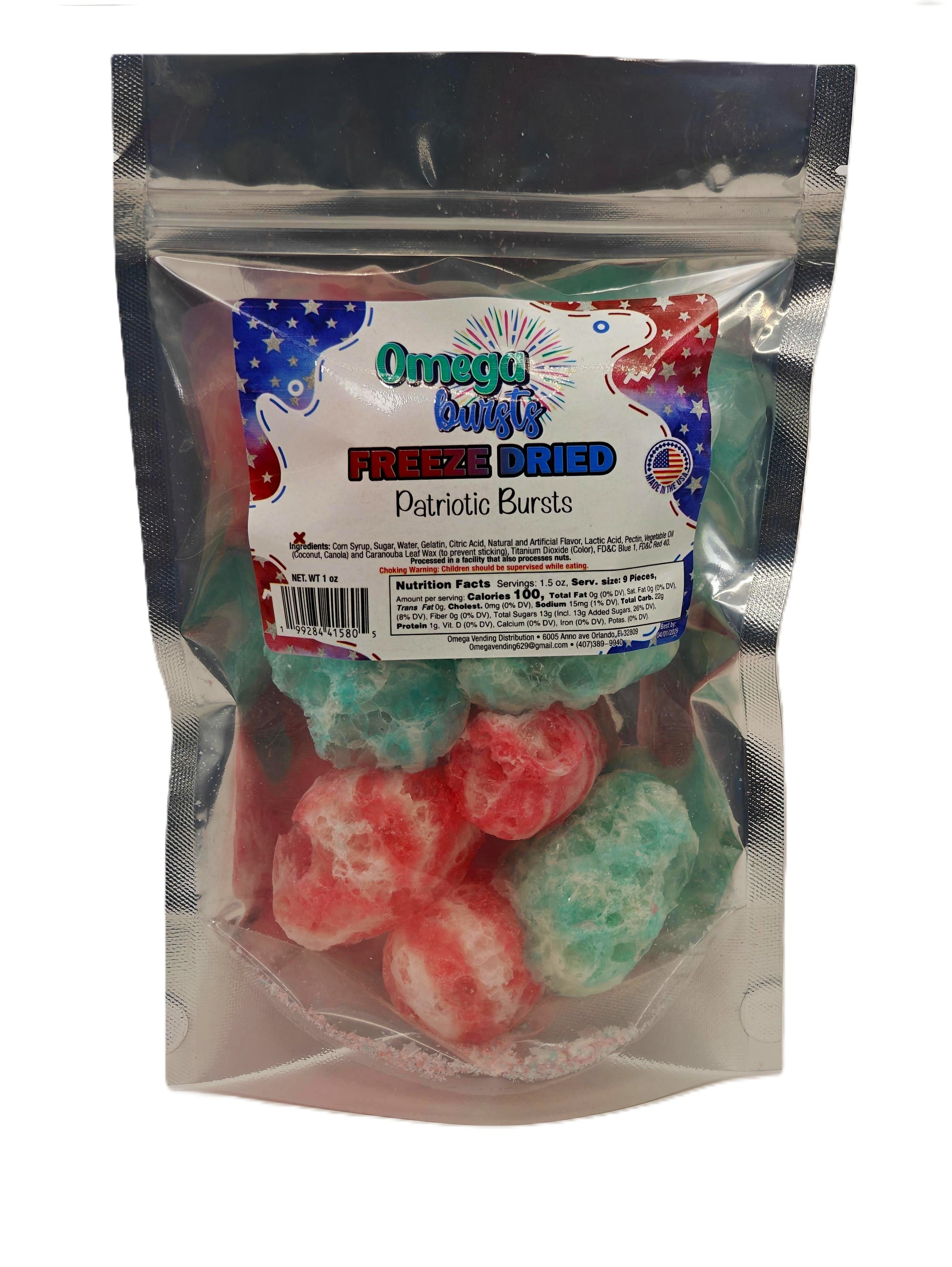 Bag of Omega Bubly freeze-dried gummy bears with a patriotic theme.