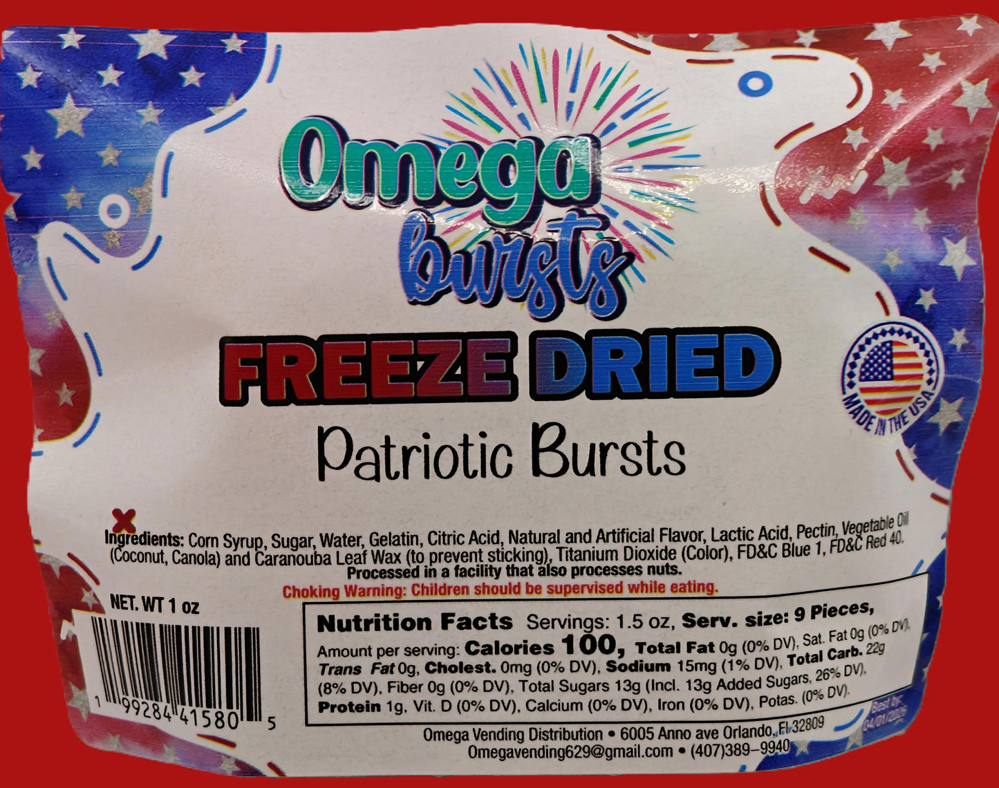Packaging of Omega Bursts Freeze Dried Patriotic Bursts with American flag design