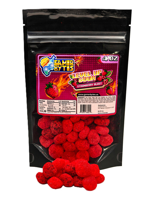 Gamer Bytes Strawberry Blast Level Up Sour candies - packaging
showcasing the bold strawberry flavor and retro gaming theme